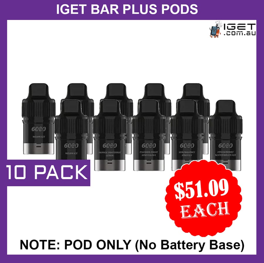 IGET BAR PLUS – POD ONLY – 10 PACK – 6000 PUFFS (No Battery Base)