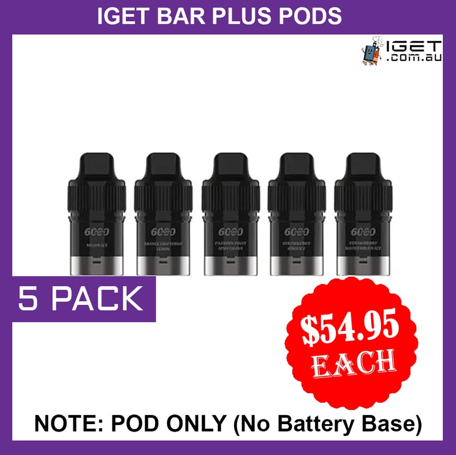 IGET BAR PLUS – POD ONLY – 5 PACK – 6000 PUFFS (No Battery Base)